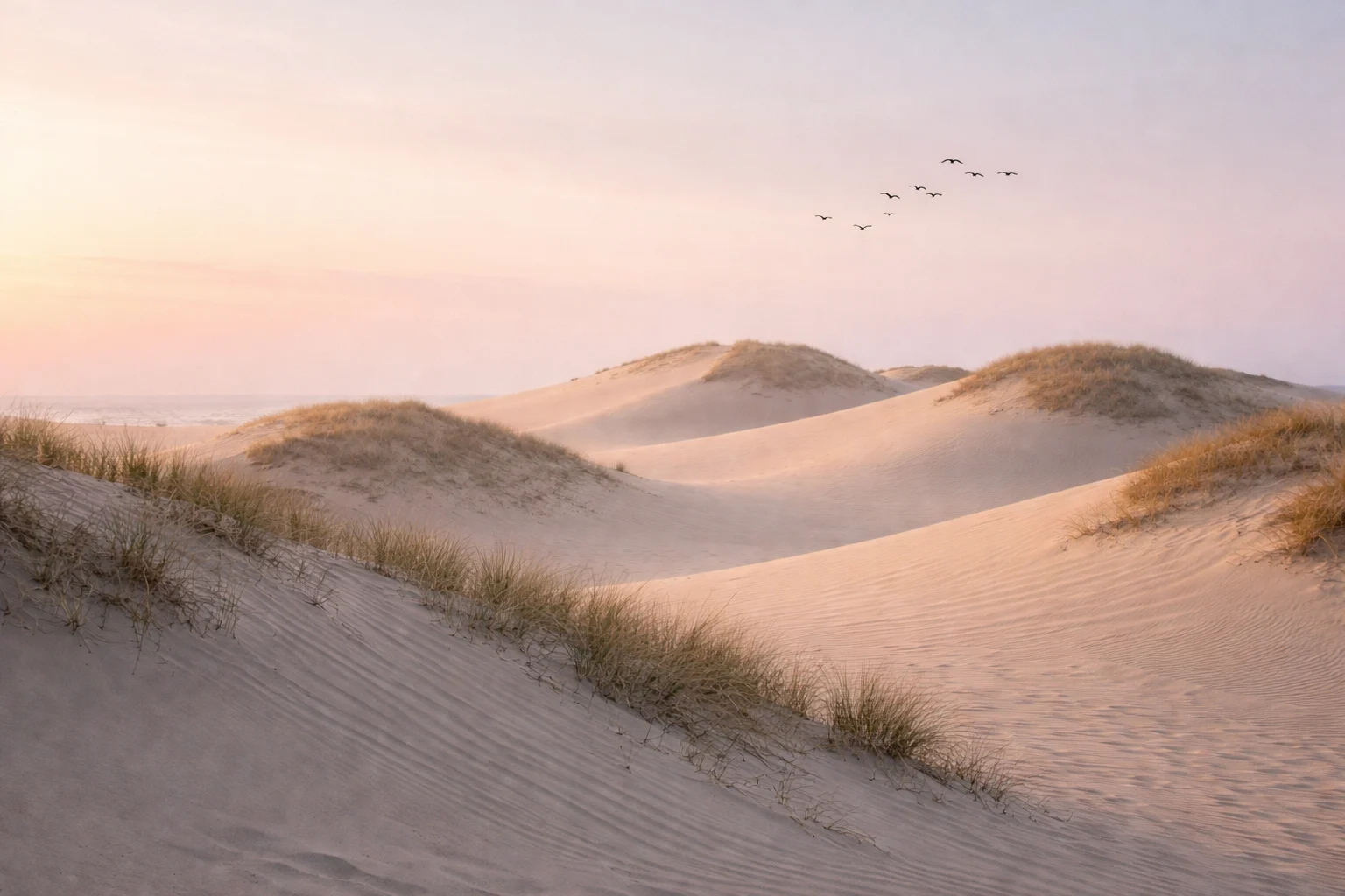 Zacht avondlicht over de duinen, met helmgras en de zee op de achtergrond.